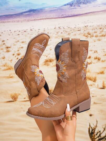 女士复古刺绣向日葵锈棕色粗跟踝靴，圆头棕色短靴，秋冬套脚靴，西部风格，派对靴