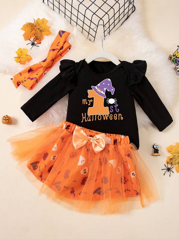 Conjunto de 3 piezas para fiesta de Halloween de bebé: pelele con capucha estampado de letras de dibujos animados, falda de malla, pinza para el cabello para niña bebé