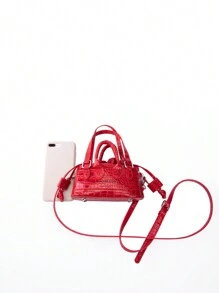 Mini Shiny Crocodile Pattern Women Handbag - Red - View 5