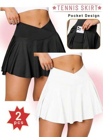 2pcs Women's Solid Color Tennis Skirt, V-Shape Waist 2 In 1 Skirt, Built-In Ball Pocket, Sports Fitness Tennis Skirt