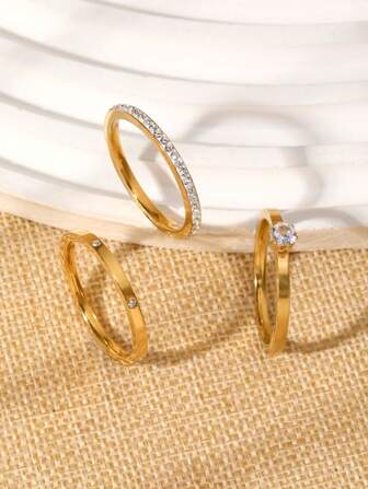 3/4 件时尚优雅 18K 镀金不锈钢方晶锆石尾戒套装，适合女性日常佩戴、节日配饰、约会、订婚礼物