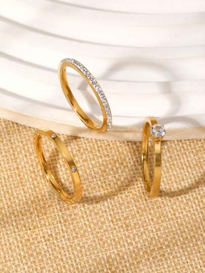 3/4 件时尚优雅 18K 镀金不锈钢方晶锆石尾戒套装，适合女性日常佩戴、节日配饰、约会、订婚礼物