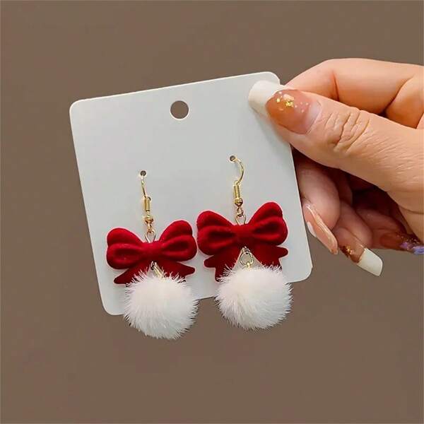 Pendientes colgantes con bola de peluche de invierno linda - Diseño de moño con felpa roja, hipoalergénicos, libres de níquel, duraderos, ligeros, idea de regalo de Navidad para mujeres, niñas y adolescentes