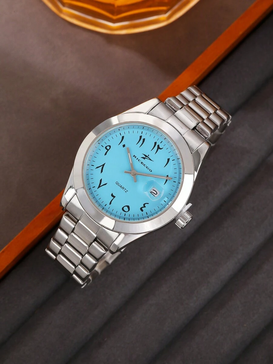 RICECGO 男士经典商务腕表，阿拉伯数字蓝色表盘，不锈钢表带，适合日常佩戴、商务会议、男士礼物、情人节礼物。 - 銀色 - 查看 1