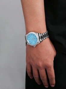 RICECGO 男士经典商务腕表，阿拉伯数字蓝色表盘，不锈钢表带，适合日常佩戴、商务会议、男士礼物、情人节礼物。 - 銀色 - 查看 4