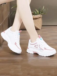 女士时尚休闲厚底运动鞋潮流街头运动鞋轻便舒适厚底系带运动鞋适合女学生 - 白粉 - 查看 2