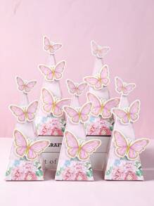 6pcs Pink Butterfly Style Triangle Gift Box, Pink Butterfly Theme Birthday Wedding Party Gift Packaging Supplies Gift Box,