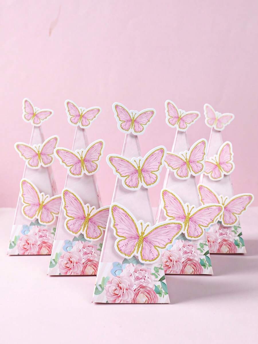 6pcs Pink Butterfly Style Triangle Gift Box, Pink Butterfly Theme Birthday Wedding Party Gift Packaging Supplies Gift Box,