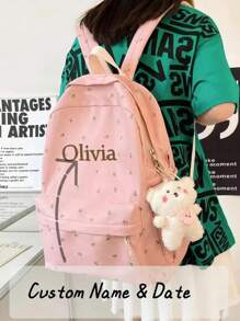可定制名字刺绣背包，清新设计，适合中小学生，韩版风格，休闲，简约，大容量，返校季背包，内含1个兔子装饰配件返校冬季礼物创意 - 粉色 - 查看 1