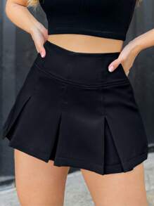 EMILI LLANAMODA Short Pleated Skirt Basic Women's Fashion Plain Tailoring Summer School - màu đen - Xem 3