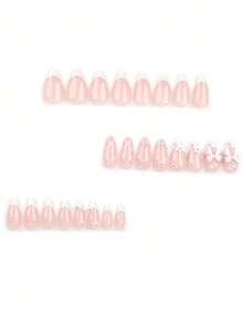 Conjunto de uñas falsas con 24 puntas de uñas con forma de almendra y diseño de lazo rosa dulce y flores con rayas cruzadas blancas + 1 tubo de pegamento gelatinoso + 1 lima de uñas - Rosa - Ver 4