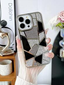 1pc Mirror Geometric Patchwork Rhinestone Phone Case Compatible With IPhone 15 Pro Max
