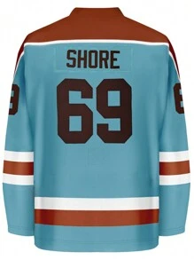 Maglietta a maniche lunghe stile boyfriend da uomo, con numero 69, con scollo a V, ricamo e cucitura, ideale per partite di hockey e occasioni casual