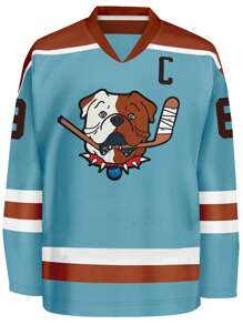 Maglietta a maniche lunghe stile boyfriend da uomo, con numero 69, con scollo a V, ricamo e cucitura, ideale per partite di hockey e occasioni casual