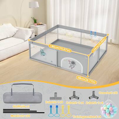 LILIIN Box per Bambini Box per Bambini con Porta Grigio Spaceman Oxford Cancello di  per Parco Giochi di  con Borsa per Il Trasporto, Palline e 4 Anelli di Tiro 127x127x68cm / 150x180x68cm / 180x200x68cm