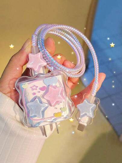 4pcs Star-Shape Colorful Charger Head Protector, 1m Data Cable Anti-Bending Winder, Compatible With IPhone 12/13/14 And 20W Fast Charger, Data Cable Fixer, Anti-Break Cable, TPU Charger Head Protector Cable Protector, Charger Protector