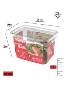 Kit 10 Plastic Pot Container With 4 Locks Sturdy Modern Design Practical 1200ml - Genomskinlig - Visa 4