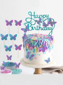 13pcs/Set Gold Glitter Cake Topper, Including 1pc Butterfly Letter Flag And 12pcs Butterfly Cake Decorations - Gold Dust - View 2