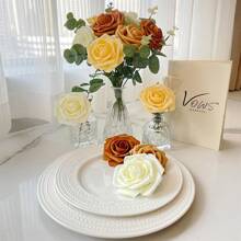 25pcs Artificial Flowers Real Looking Burnt Orange Ombre Colors Foam Fake Roses With Stems For Autumn DIY Wedding Bouquets Bridal Shower Centerpieces Floral Arrangements Party Tables Home Decorations, Valentine Day, Gift - Orange - View 7