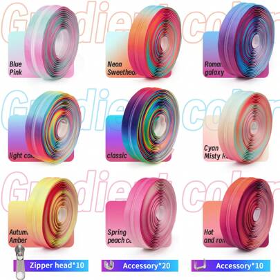 1 conjunto = 4,5 m de zíper + 10 puxadores de zíper + 20 batentes de zíper + 10 batentes inferiores, zíper de nylon gradiente colorido 5#, design de gradiente exclusivo, vários estilos disponíveis para roupas, bolsas, artesanato faça você mesmo