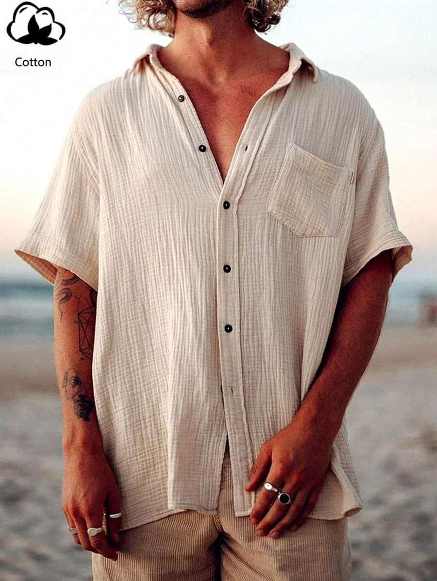 Men Linen/Bohemian Style Short Sleeve Shirt