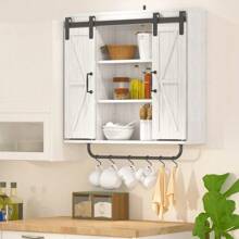 Rustic Wood Wall Storage Cabinet With Two Sliding Barn Door, 3-Tier Decorative Farmhouse Vintage Cabinet For Kitchen Dining, Bathroom, Living Room, Vintage White.Ckonson9