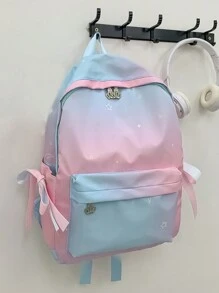Sac à dos imprimé dégradé lune & étoiles, cartable fonctionnel pour étudiants, sac d'école décontracté à fermeture éclair avec nœud - Multicolore - Voir 7