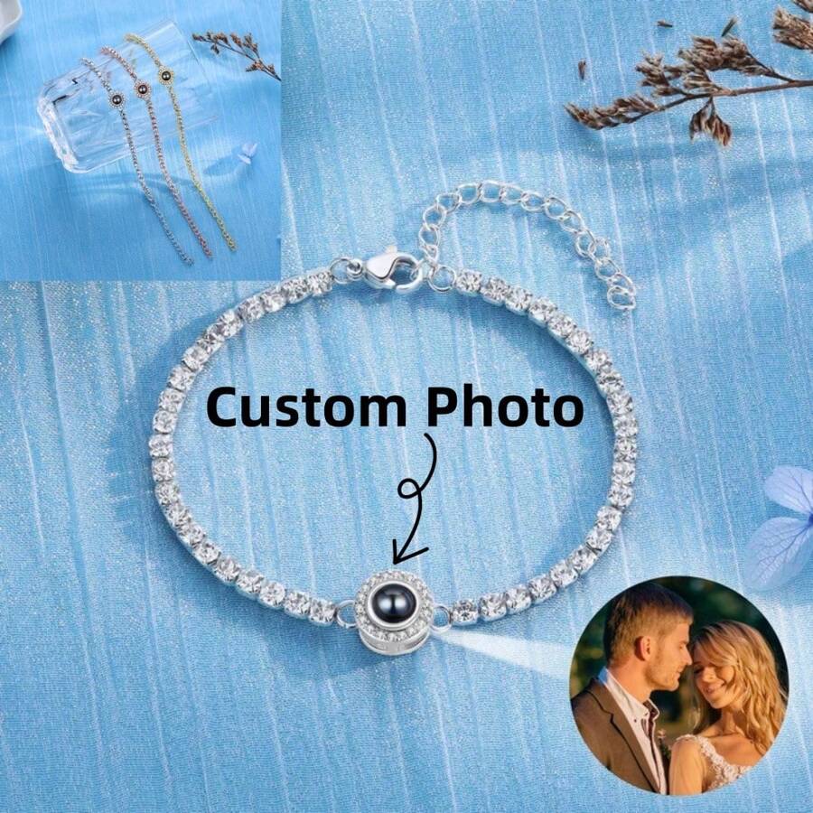 Customized Photo Projection Bracelet With Cubic Zirconia Tennis Chain, Personalized Picture Projection Bracelet Gift For Valentine's Day