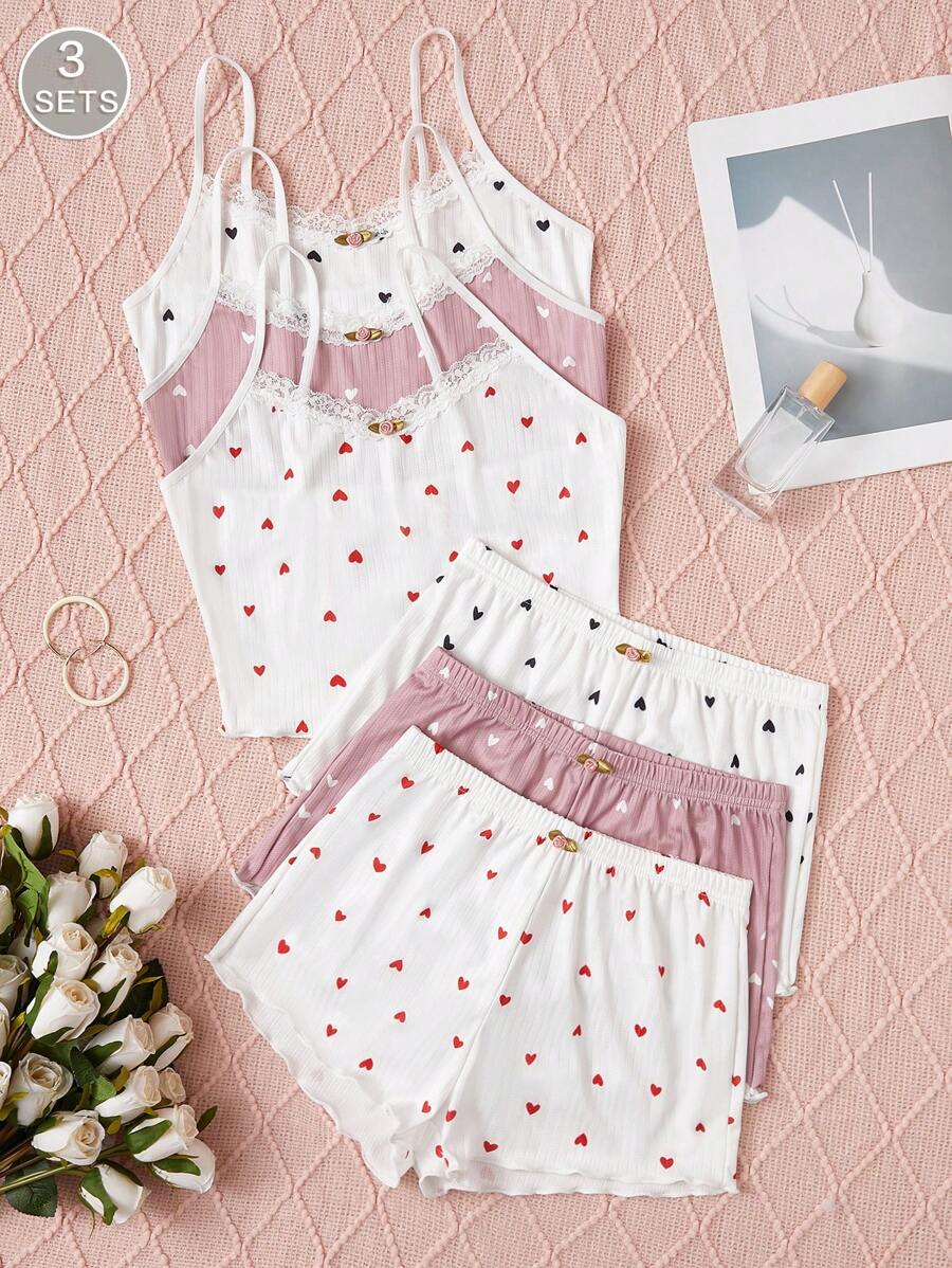 3pcs/Set Women's Solid Color Heart Print Ruffle Trim Breathable Sleepwear Set - Multicolor - View 1