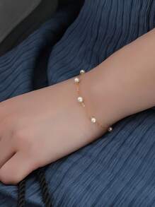 1pc Simple Elegant Sweet Faux Pearl Bracelet For Women, Party/Date Gift - Silver - View 2