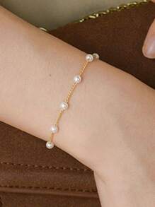 1pc Simple Elegant Sweet Faux Pearl Bracelet For Women, Party/Date Gift - Silver - View 3