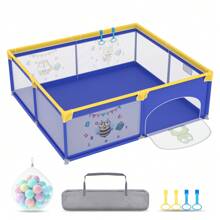 LILIIN Baby Playpen Playpen, Children's Playpen With Door Animal Pattern Oxford Playground Guard With Blue Carrying Bag Balls And 4 Pull Rings 127x127x68cm / 150x180x68cm / 180x200x68cm - 藍色動物圖案-180x200x68cm - 查看 2