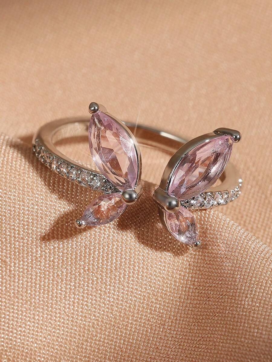 1pc Fashionable Cubic Zirconia Butterfly Decor Adjustable Ring For Women