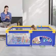 LILIIN Baby Playpen Playpen, Children's Playpen With Door Animal Pattern Oxford Playground Guard With Blue Carrying Bag Balls And 4 Pull Rings 127x127x68cm / 150x180x68cm / 180x200x68cm - 藍色動物圖案-180x200x68cm - 查看 5
