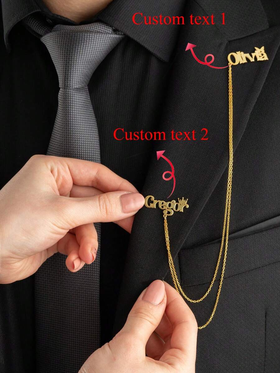 个性化新娘和新郎名字夹克链胸针国王和王后标签别针男士珠宝婚礼配饰男士定制礼物皇冠不锈钢周年纪念日周年节日全年 - 金色 - 查看 1