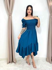 Short Sleeve Plain Midi Dress - 水鴨藍 - 查看 2