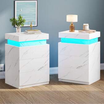 Nightstands Set Of 2 With Charging Station, LED Light, 3 Drawers Night Stands For Bedrooms With Sliding Top, Black/White