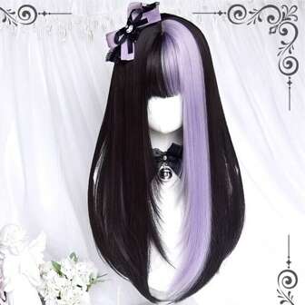 Party Cartoon Purple Black Wig Lolita Girl Cosplay Hairpiece 22inch Long Straight HairHoliday Wigs, Dress Up Wigs