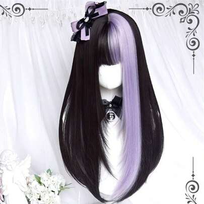 Party Cartoon Purple Black Wig Lolita Girl Cosplay Hairpiece 22inch Long Straight HairHoliday Wigs, Dress Up Wigs