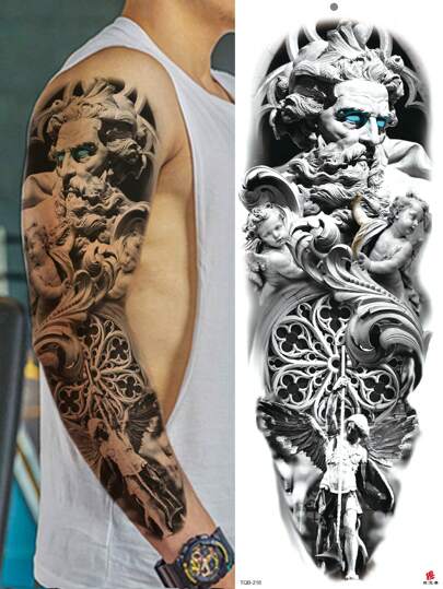 1 lámina Tatuajes temporales de gran tamaño para brazos completos para hombres y mujeres, diseño de escultura de personaje realista de ángel, tatuajes falsos impermeables tipo manga, duran 2-5 días, cubren cicatrices, se pueden usar en brazos, muñecas, hombros, piernas, cintura, cuello, pecho, muslos, dedos, mejor amigo, pareja, fiesta