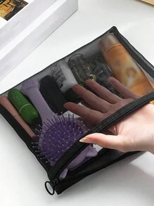 1pc Large Capacity Mesh Cosmetic Bag, Portable Breathable Toiletry Bag, Travel Makeup Bag, Cosmetic Organizer Bag, Daily Necessities Organizer, Makeup Bag, Skincare Bag, Toiletry Bag, Travel Essential, Cruise Essential, Dorm Essential, Bridesmaid Gift, Mother's Gift, Birthday Gift, Gift For Friends And Teachers, Home Decor - Black - View 6