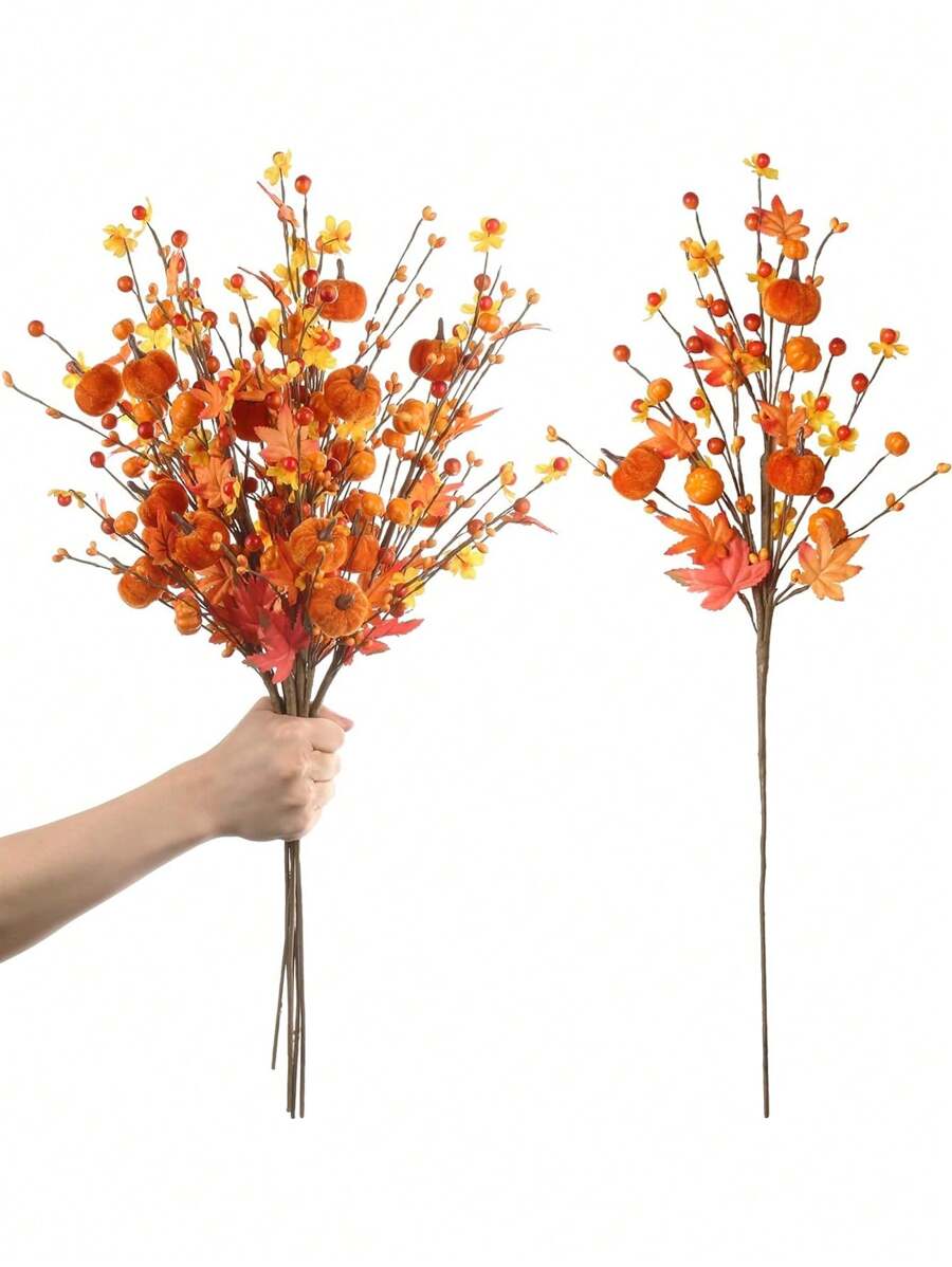 1/2Pcs Fall Decor, 19.5Inch Artificial Red Berry/Maple Leaf/Pumpkin Floral Stems Fall Branches Decorations, For Autumn Harvest Wedding Birthday Holiday Home Vase Arrangement Indoor Decor.,Christmas - Multicolor - View 1