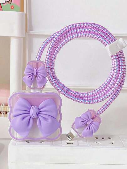 Cute Purple Bow Decoration Data Cable Protection Set Compatible With IPhone 18/20W Charger Protection Case Data Cable Protection Rope Bite Device Cable Protector, Charger Protector
