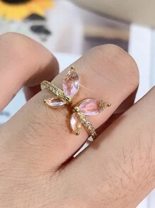 1pc Fashion Cubic Zirconia Butterfly Adjustable Ring For Women - Pink Gold Plated - View 3