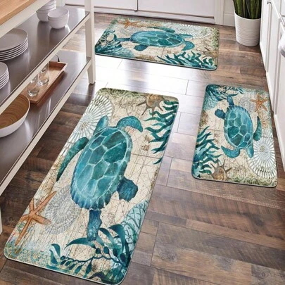 1pc Soft Plush Surface Anti-Fatigue Floor Mat, Sea Turtle Pattern, Ocean Style, Comfortable For Home, Bathroom, Kitchen Decor, Gift