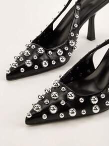 Elegant Black Polka Dot Bow Pointed Toe Backless Strap Stiletto High Heel Sandals, Suitable For Party And Banquet - Black - View 4