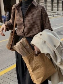 Rikumo 女士格子落肩休闲通勤衬衫，秋季长袖上衣 - 咖啡棕 - 查看 2