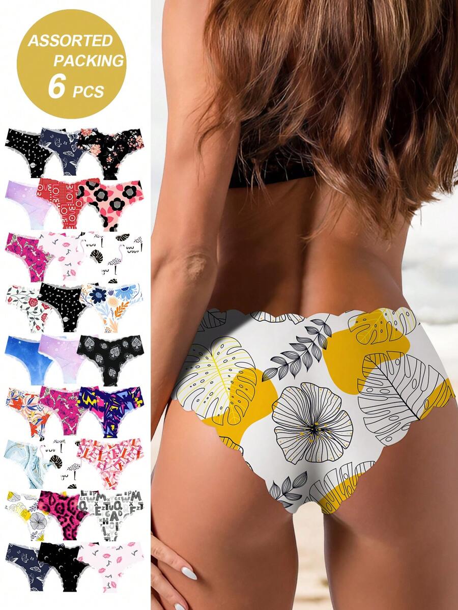 MEIYATING 6pcs/Pack Women Seamless Underwear, Comfortable, Breathable, Silk-Like, Daily Wear, Fashionable Design, Artistic Print, Low Waist, Random Assortment