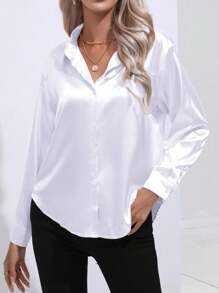 Women's Casual Lapel Button Front Faux Silk Satin Satin Long Sleeve Blouse Top