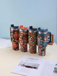 [Halloween] 1 cốc du lịch chân không cách nhiệt bằng thép không gỉ 1200ML, dung tích lớn 40oz, họa tiết in 5D, kèm 1 ống hút, 1 cọ vệ sinh, đế lót ly bằng silicon, thích hợp làm quà tặng tiệc Halloween, có thể mua riêng phụ kiện - Nhiều màu - Xem 5